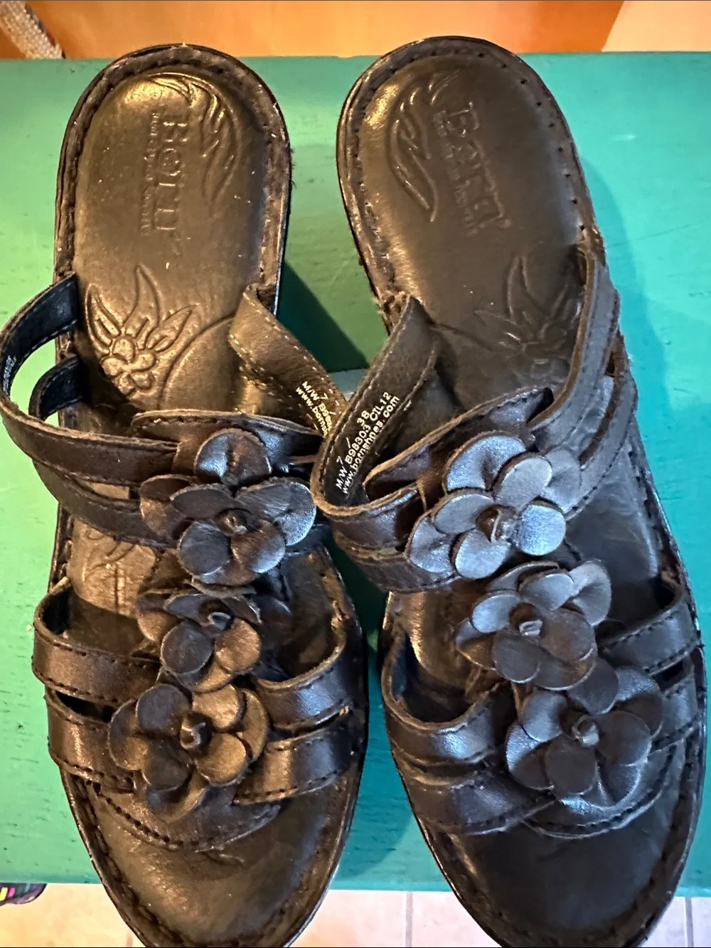 Born Black Leather Floral Slide Sandals with Braided Straps